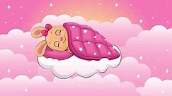 Cute cartoon rabbit is sleeping on the cloud. Night looped animation with animal and clouds on a pink background with stars.