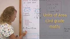 Units of area: square inch, square cm, square feet (3rd grade math)