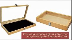MOOCA Wooden Jewelry Display Case, Jewelry Organizer Case with Tempered Glass Top Lid & Removable Black Luxurious MDF Velvet Jewelry Display Pad, Natural Wood Colo