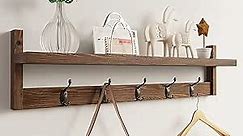 AMBIRD Wall Hooks with Shelf 28.9 Inch Length Entryway Wall Hanging Shelf Wood Coat Hooks for Wall with Shelf Wall-Mounted Coat Hook Rack with 5 Dual Hooks for Bathroom, Living Room, Bedroom (Brown)