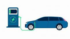 Electric hybrid car charging at a power station with a cable. Flat design video clip. Battery charge animation.