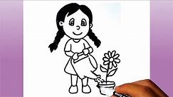 How to Draw a Girl Watering Plant Step by Step