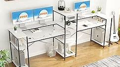 109 Inches White Double Computer Desk, Extra Long Two Person Desk Workstation with Storage Shelves & Monitor Stand, Large Office Desk Study Writing Table for Home Office
