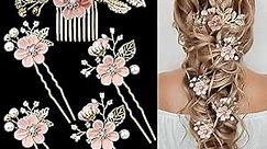 5 PCS Bridal Flower Wedding Hair Pins Crystal Pearl Hair Clips Headpiece Gold Wedding Hair Accessories Jewelry with Rhinestone for Brides Bridesmaids Women Girls Updo(Cherry Blossoms Pink)