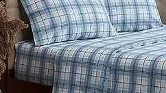 Mellanni Flannel Cotton Cal King Size Bed Set - Double Brushed for Extra Softness & Warmth - Luxury Lightweight Sheets Set - Deep Pocket Fitted Sheet up to 16" - 4 PC Set (Cal King, Light Blue Plaid)