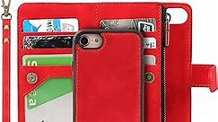 iCoverCase iPhone SE (2nd) 202066s78 Wallet Case with Card Holder, 2 in 1 PU Leather Case with Magnetic Clasp Zipper Pocket Shockproof Detachable Flip Case with Wrist Strap (Red), Red
