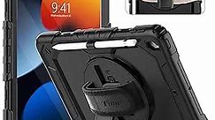 Timecity Case for iPad 9th/ 8th/ 7th Generation 10.2 inch (Case for iPad 9/8/ 7 Gen): with Strong Protection, Screen Protector, Hand/Shoulder Strap, Rotating Stand, Pencil Holder - Black