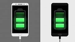 Smartphone with low battery, connecting the usb to charge the phone, charging battery. Plugging USB cable to charge. Battery charging icon animation. Black and white phone versions.
