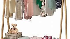 Clikuutory Kids Garment Rack for Hanging Clothes, Baby Freestanding Clothing Rack with Storage Shelf & Hanging Rod, 100% Natural Pine Wood, Dress up Rack（16" D x 48" W x 40" H）