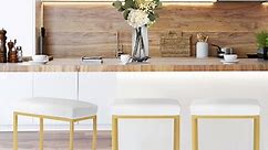 Summit Living 24 inch Counter Height Bar Stools Set of 3 for Kitchen, Faux Leather Backless Stools Chairs, Gold & White