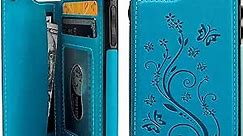 Vaburs Wallet Case for iPhone SE(2022) 5G/SE(2020)/7/8 with Card Holder, Embossed Butterfly Premium PU Leather Double Magnetic Buttons Flip Shockproof Protective Cover 4.7 inch (Blue)