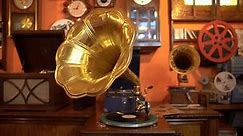 Gramophone vintage phonograph record player in the antique shop 4K