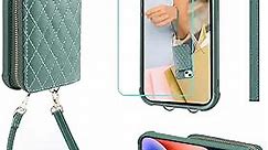 MONASAY Zipper Wallet Case Fit for iPhone 14/13 6.1in[Glass Screen Protector][RFID Blocking] Flip Leather Handbag Phone Cover with Card Holder&Detachable Crossbody Shoulder Lanyard Strap, Light Green