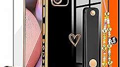 Likiyami (3in1 for Samsung Galaxy A02S Case Heart Women Girls Cute Girly Aesthetic Trendy Luxury Pretty with Loop Phone Cases Black and Gold Plating Love Hearts Cover+Screen+Chain for A02S