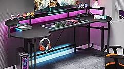 Tribesigns 75 Inch Gaming Desk with Monitor Shelf, Large PC Computer Desk with LED Lights, Gaming Table Gamer Desk for Bedroom, Home Office, Black