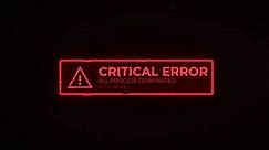 コンピュータ画面に赤い重大なエラーメッセージが表示されるCGIビデオ（背景にコード、ハッカー攻撃のアラートデザイン）