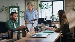 Businesswoman Supervising Office Workers in Workplace Boss Giving Work Task