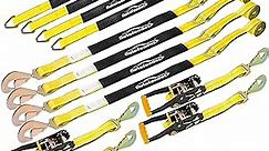 Autofonder Heavy Duty Adjustable Car Tie Down Kit with Snap Hooks -Break Strength 10,000 lbs-Working Load 3333 lbs-Bonus Includes 4 Pack 36" Axle Straps with D-Ring(Yellow)
