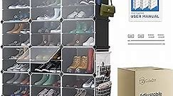 CUBEDIY Shoe Organizer Cabinet Up to 72 Pairs, Shoe Closet-Portable Closed Shoe Rack with See-Through Door (Clear, Plastic, Stackable) Cubby Shoes Organizer with Covers, Hooks & Pockets, Black