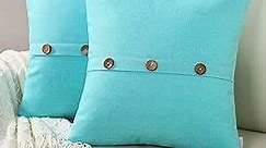 FUTEI Turquoise Linen Decorative Throw Pillow Covers 18x18 Inch Set of 2, Square Cushion Case with Vintage Button/Zipper,Modern Farmhouse Home Decor for Couch,Bed