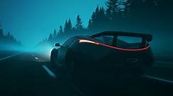 Concept sports car racing through a foggy road at high speed. Endless, seamless pine trees environment. Slick, luxurious super car with very bright headlights lighting the road ahead. Back view.