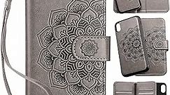 Vofolen Case for iPhone Xs Max Wallet Card Holder Slot Detachable Wrist Strap Hybrid Protective Slim Hard Shell Magnetic PU Leather Folio Pocket Flip Cover Case for iPhone Xs Max Mandala Grey