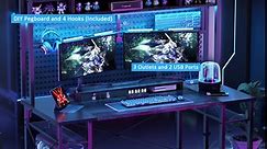 armocity 2023 Upgrade Gaming Desk with Hutch, 55.2'' Magic Computer Desk with LED Lights and Outlets, Reversible Workstation Desk with Pegboard and Monitor Stand, Gamer Desk PC Table, White and Blue