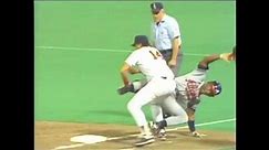 Kent Hrbek pulls Gant off bag in 1991 World Series and spoof of play.