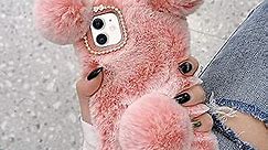 LUVI Compatible with iPhone 12 Plush Furry Case Fuzzy Fluffy Ball Rabbit Fur Hair Cute Cartoon Bear Ear with Bling Glitter 3D Diamond Bowknot Camera Protection Cover Luxury Fashion Case 6.1 inch Pink