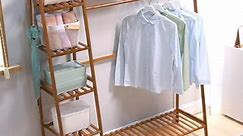 ZZBIQS Bamboo Clothing Rack with Shelves Ladder Clothes Hanger Rack Heavy Duty Freestanding Coat Closet Garment Rack for Hanging Clothes/Folding Clothes/Shoes, 43.3" L x 15.7" W x55.1 H