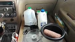 Cooking in the car, with rice cooker.