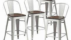 Andeworld Bar Stools Set of 4,24 inch Counter Height Bar Stools with Back,Farmhouse Bar Stools High Back Chairs with Larger Seat & Removable Backs,Metal Bar Stools,White Cream Bar Stools
