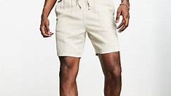 ASOS DESIGN slim texture shorts in mid length in beige | ASOS