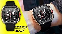 Mini Focus Watch Black Model MF0399G. 03 Great Tonneau Shaped Sports Watch Close Up & Details