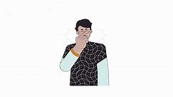 Arab eyeglasses man coughing asthma line 2D character animation. Allergy flat color cartoon 4K video, alpha channel. Seasonal pollen suffer male middle eastern animated person on white background