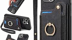 JanCalm for iPhone 15 Case Card Holder Wallet,Ring Stand for iPhone 15 Cases,RFID-Blocking,Camera Protector,Wrist Strap,Leather Magnetic Protective Flip Cover for Women Men (Black)