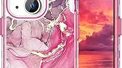 Changjia Marble Pattern Case for iPhone 15 Plus, Cute Heavy Duty Durable 3 in 1 Full Body Shockproof Hard PC+Soft Silicone Bumper Drop Protective Women Girls Case for iPhone 15 Plus 6.7Inch (Hot Pink)
