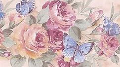 CONCORD WALLCOVERINGS ™ Wallpaper Border Floral Pattern Roses Butterflies for Bedroom Living Room, Beige Pink Blue, 15 Feet by 7 Inches 29427
