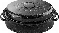 16Inch Roasting Pan, Enamel on Steel, Black Covered Oval Roaster Pan with Lid, Medium Cookware for Turkey, Small Chicken, Roast Baking Pan.