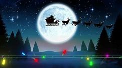Coloured christmas string lights flashing over winter scene with santa passing full moon in sleigh. Christmas, decorations, tradition and celebration digitally generated video.