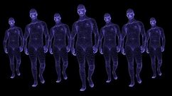 Walking and talking men 3D animation. Mesh texture, grid mystical texture. The holographic men walk and talk. 3D Hologram.