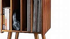 2BHOME Wooden Record Player Stand, Vinyl Record Storage Holder Table with 4 Cabinets, Holds up to 100 LPs, Metal Vinyl Record Organizer Stand, Classical Design for Files/Book (Mid-Century Modern)
