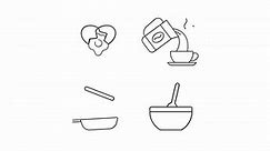 Breakfast icons animation. Animated line morning food. Drinking coffee. Meal preparing. Homemade food. Cooking time. Loop HD video with alpha channel, transparent background. Outline motion graphic