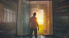 Man At Open Door Looking Through Bible To Heaven Sunshine 4K Christian Worship Background Loop