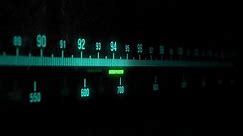 A static sequence of a radio tuner display with glowing, light blue text and bars on a black background.