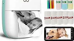 Mini Printer Portable, Inkless Sticker printer with 8 Rolls Paper, Bluetooth Wireless mini thermal printer Compatible with iOS + Android for Journal, Memo, Photo, Print Pod Gifts for Girls Kids