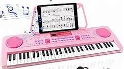 WOSTOO Kids Keyboard Piano, Portable 61 Keys Keyboard Electronic Digital Piano, Early Learning Educational Musical Piano Toy Keyboard Gift for Beginners with Music Stand, Microphone (Pink)