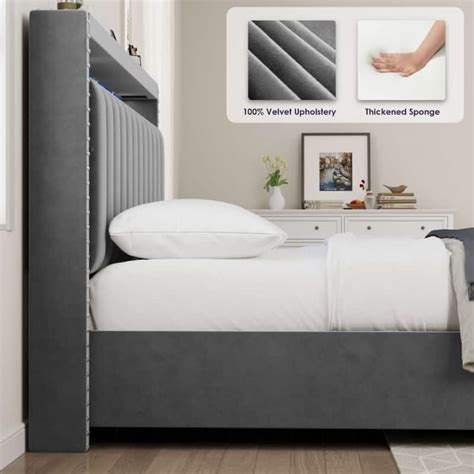 elegant gas lift storage bed frame led lights full size grey velvet