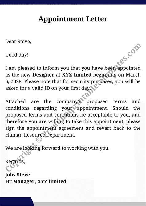 appointment letter template    word  business letter