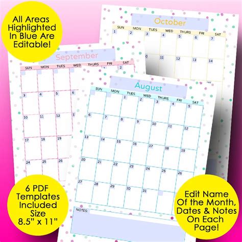 monthly calendar template editable calendar printable etsy